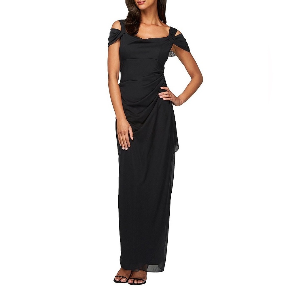 Alex Evenings Black Exposed Shoulder Draped Neck Ruched Waterfall Hem Mesh Gown